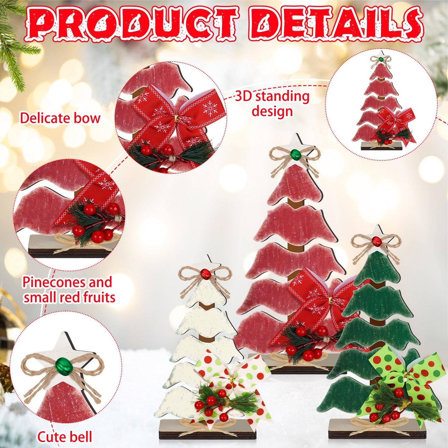 CroBlissful 3 Pcs Wooden Christmas Tree Tabletop Decorations Christmas Centerpieces for Table Rustic Xmas Tiered Tray Decor Table Sign with Hemp Rope Bow Bell for Holiday Party(Classic)