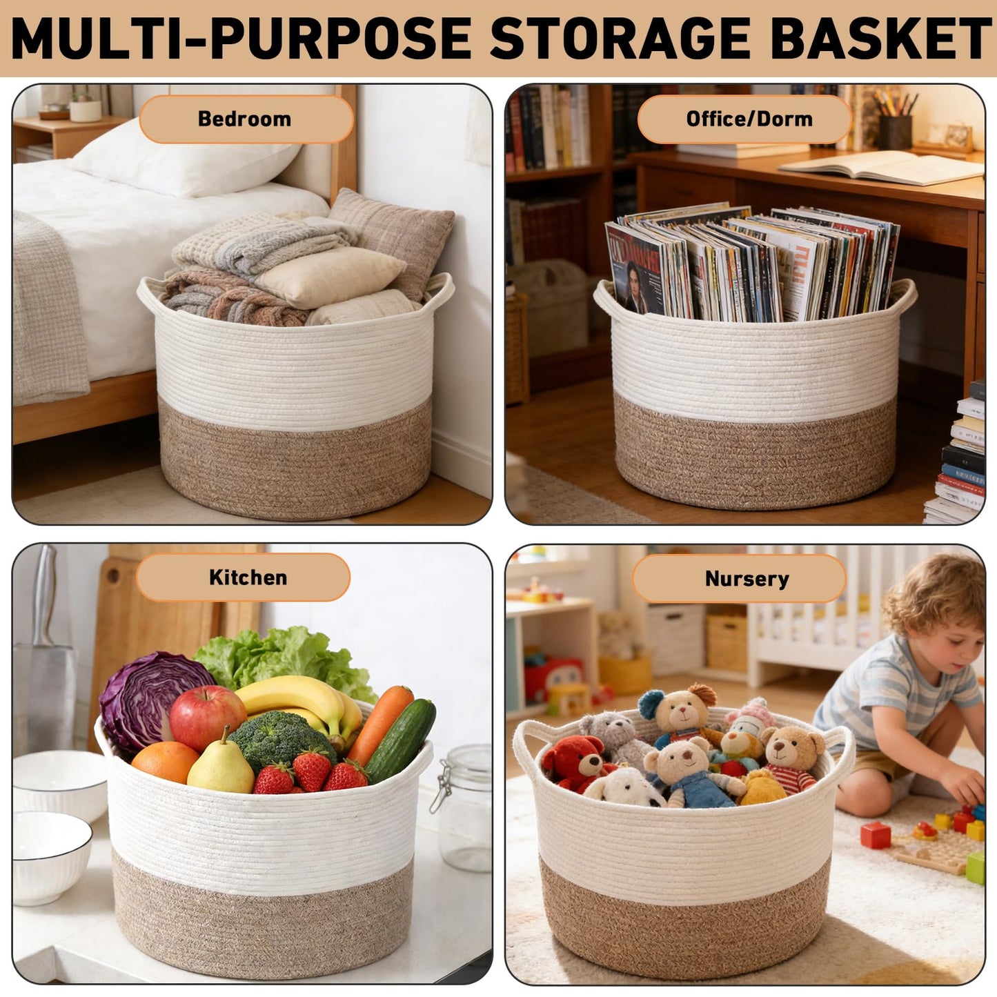 HZFTJOY Large Woven Blanket Basket,65L Cotton Rope Laundry Basket Hamper with Handles, Decorative Nursery Basket Storage Bin for Toys, Clothes Organizer, Living Room, Bedroom, Bathroom, White & Brown