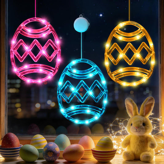LYUBASA 3 Pack Easter Window Lights Decorations with Timer, Battery Powered Hanging Pink Yellow Blue Lighted Egg Shaped Sucker LED Lamp for 2026 Holiday Indoor Home Decor