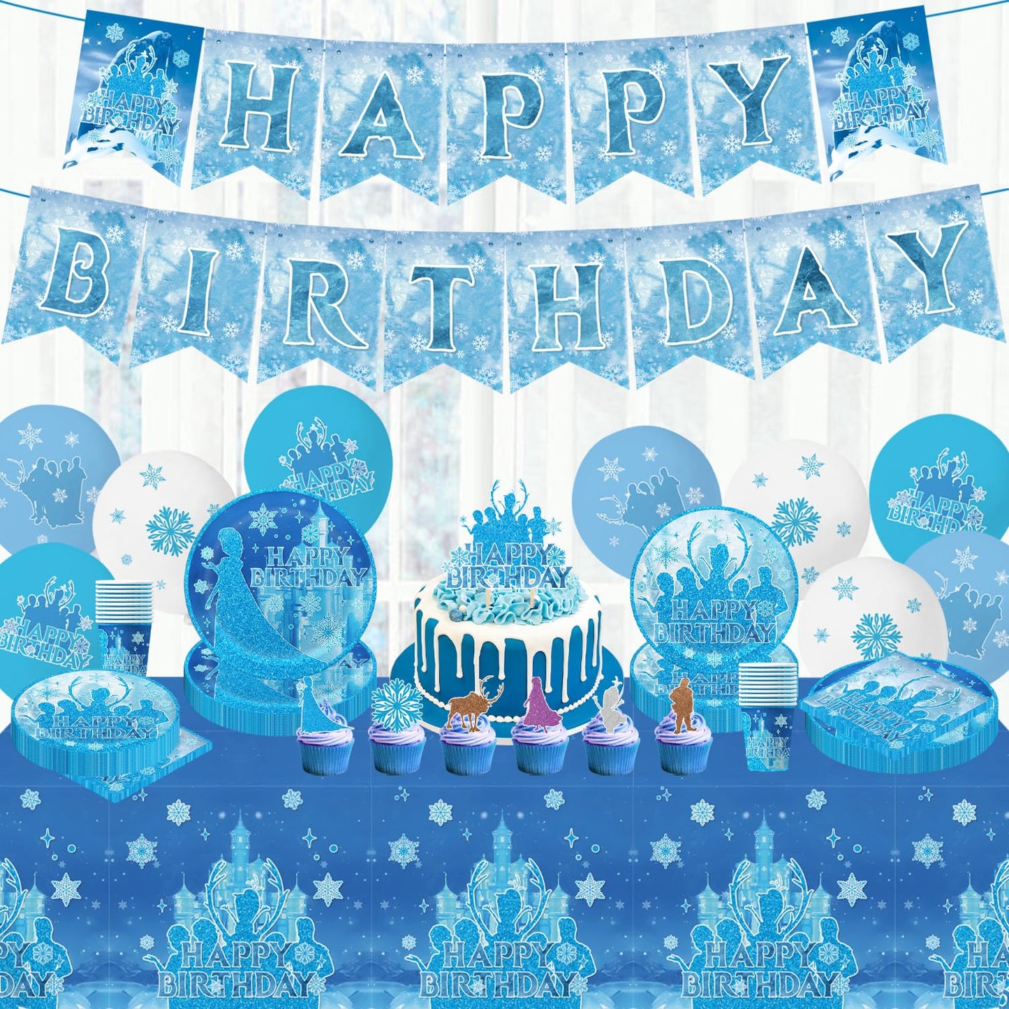 tetcuican 104Pcs Frozen Birthday Party Decorations, Snow Theme Party Supplies Set Include Banner, Balloons, Tablecloth, Cake Toppers, Cupcake Toppers, Plates, Napkins for Winter Birthday Decorations
