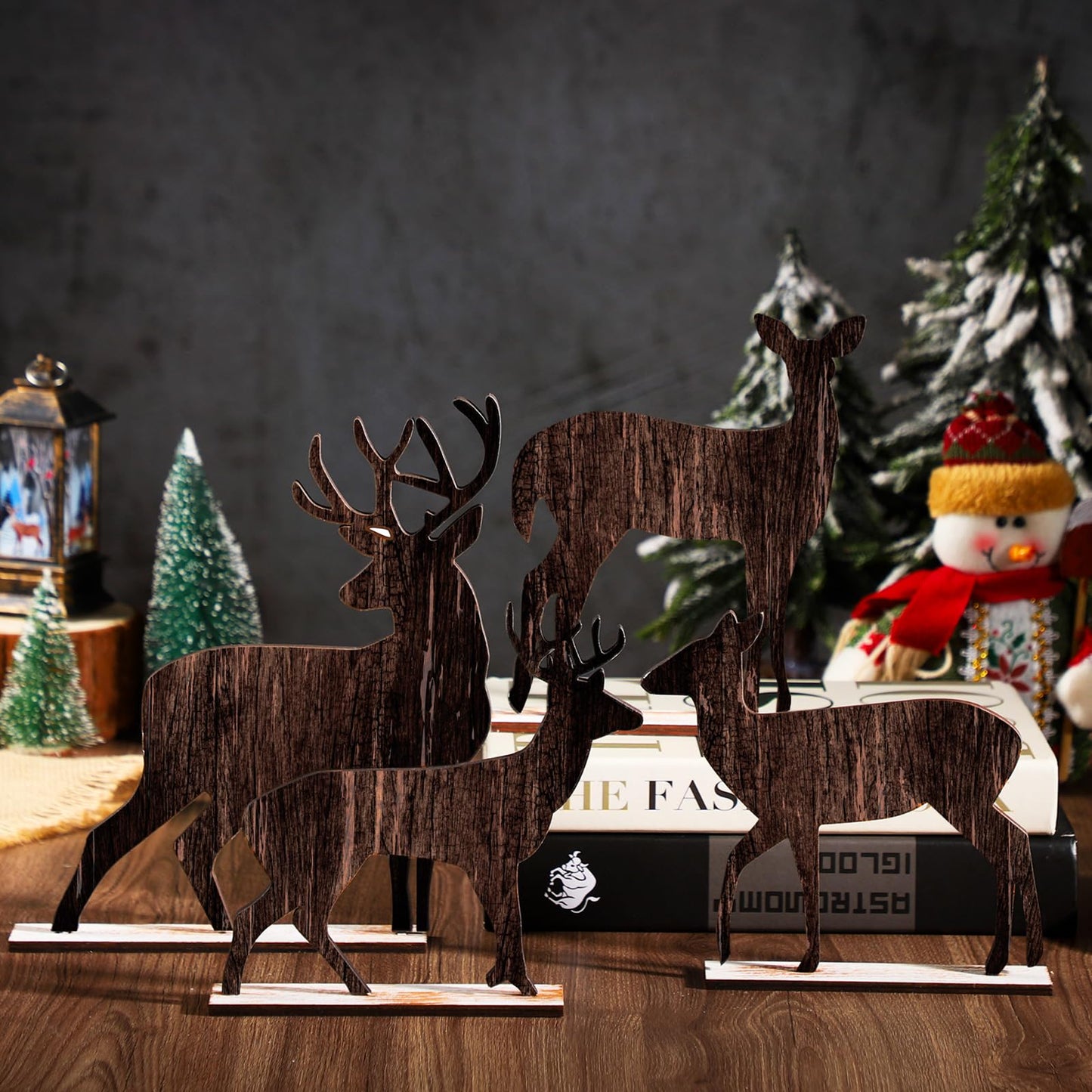 Barydat Winter Table Decorations Wooden Pine Tree Reindeer Table Centerpiece Winter Tabletop Signs Rustic Farmhouse Decor for Home Office Desk Party Favors(4 Pcs,Reindeer)