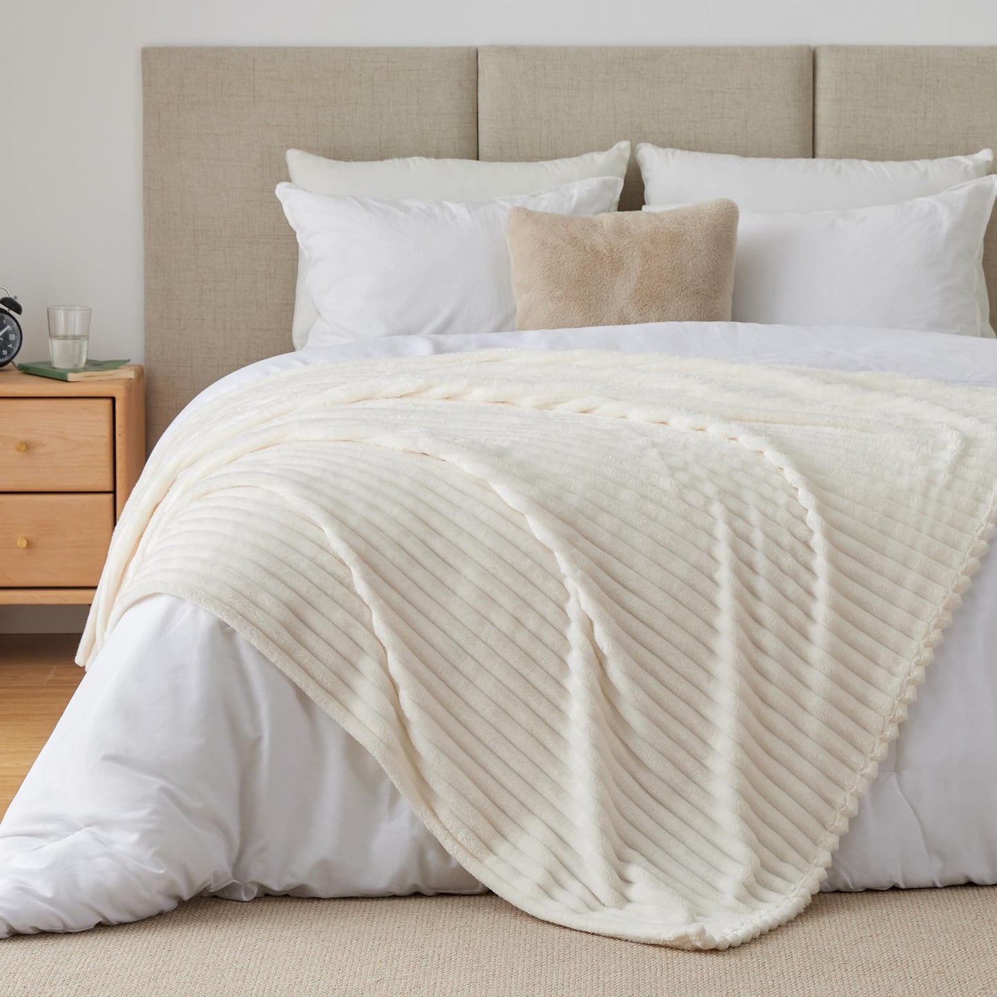 BEDELITE Fleece Throw Blanket for Couch - 300GSM Soft & Warm Fluffy Cream White Blanket, Decorative and Giftable Striped Blankets for Women, Men, 50"x60"