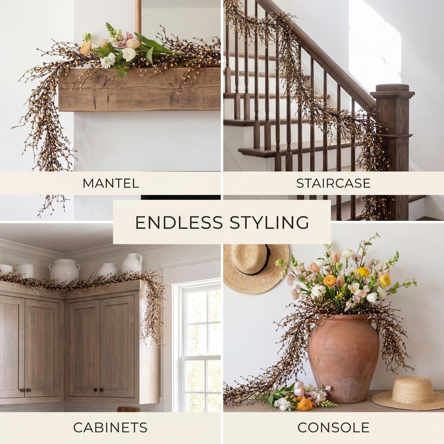 Quixem 60 Inch (5FT) Rustic Grey Cream and Tan Pip Berry Garland for Fireplace Mantel & Table Runner, Flexible Wired Artificial Vine, Everyday Farmhouse Decor, Precise Size