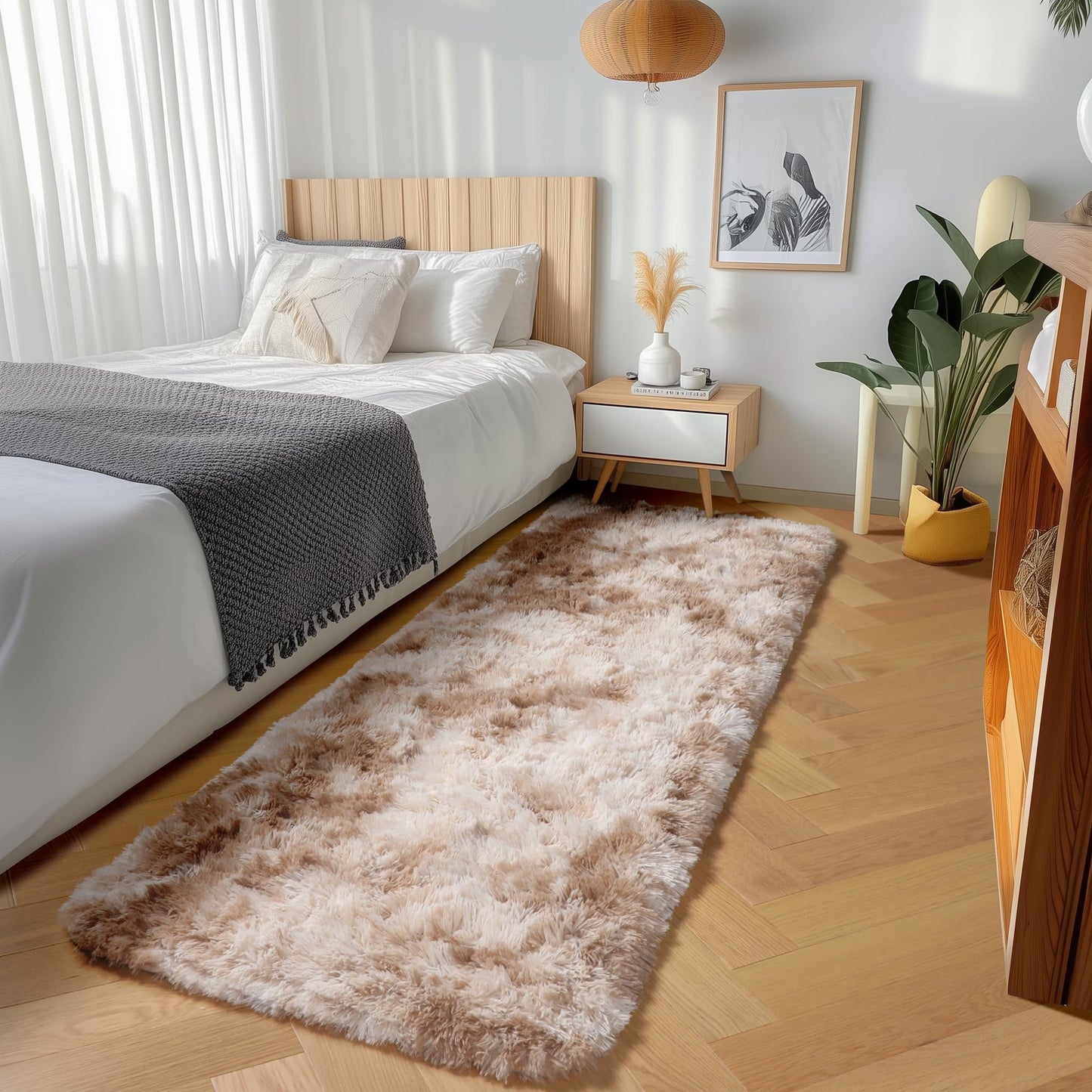ONASAR Runner Rugs for Bedroom Living Room, Tie-Dyed Beige 2x6 Bedside Hallway Fluffy Area Rug, Ultra Soft Plush Furry Faux Fur Non Slip Floor Carpet for Nursery Kids Dorm Closet Home Decor