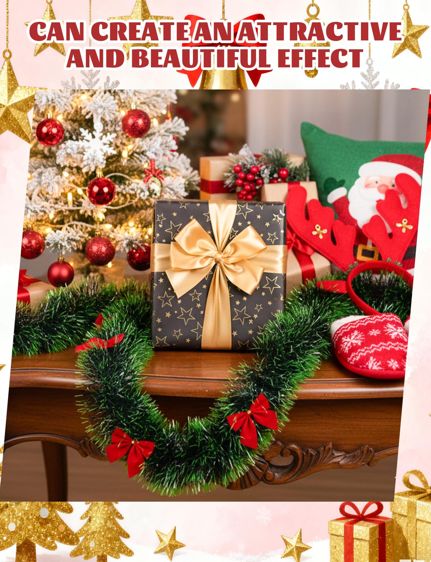 Christmas Tinsel Garland with Light Green Tips (Total 29.7FT) and 27 Red Bows, Festive Pine Garland for Staircase Fireplace Mantle Xmas Tree and Home Party Decor (9.9FT * 3PCS)