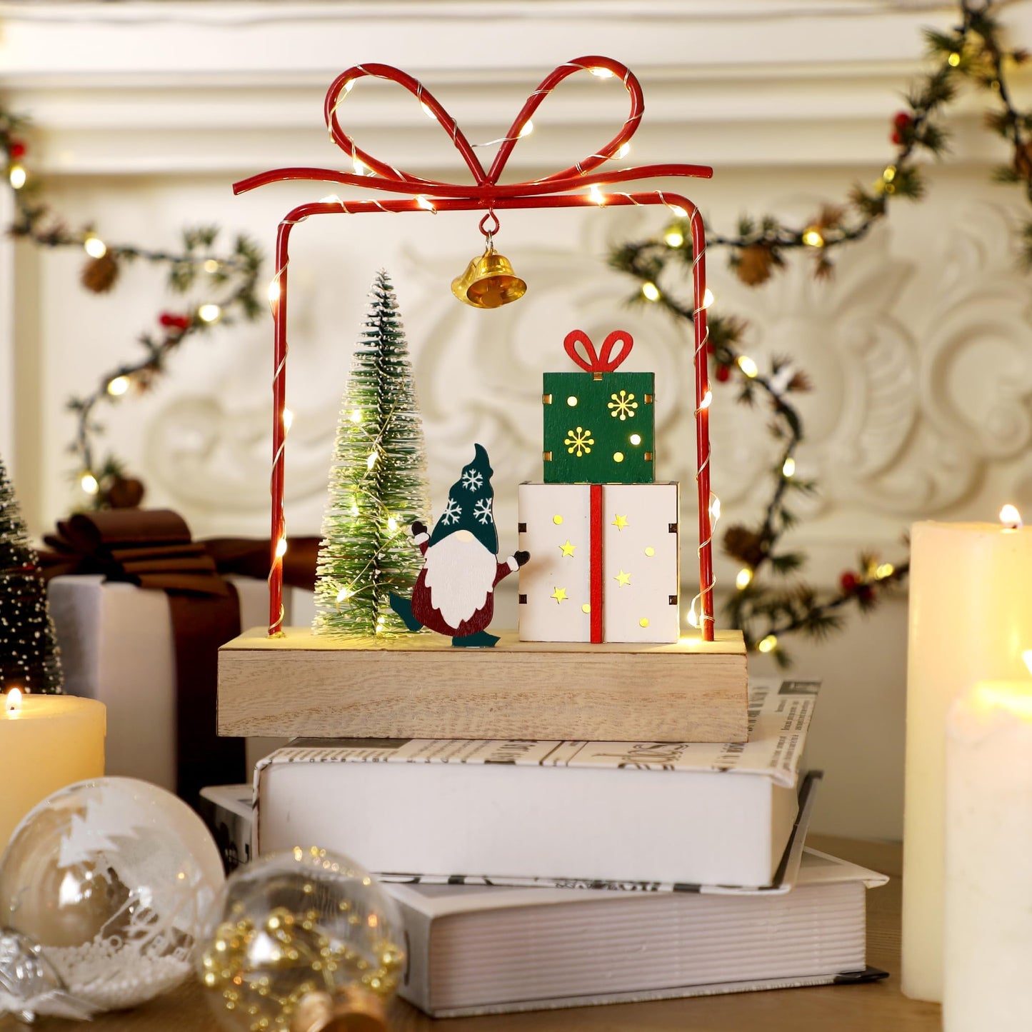 Christmas Tabletop Decoration, Wooden Lighted Christmas Gift Box Collectible Buildings Decorations, Christmas Giftboxes Santa Ornaments, Battery Operated Christmas Indoor Fireplace Table Decorations