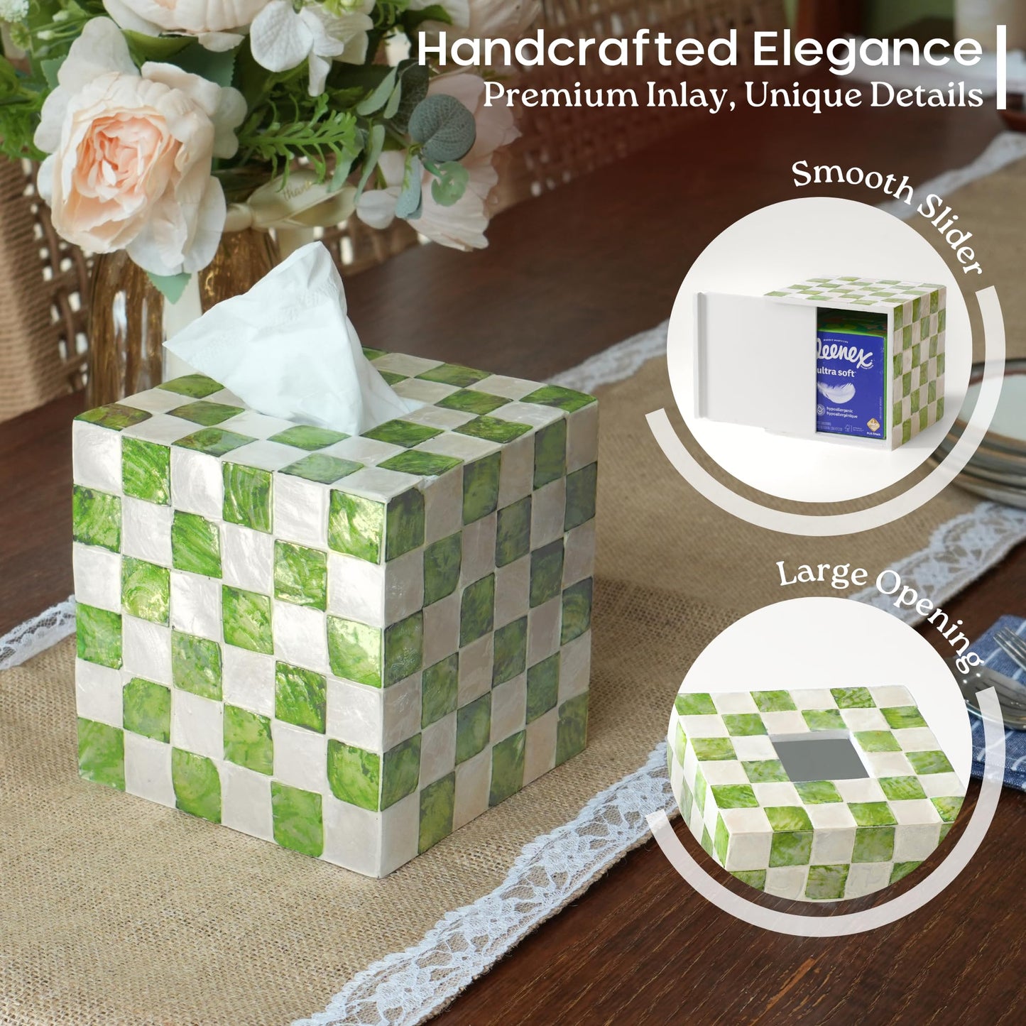 CHI AN HOME 5.7" Square Tissue Box Cover, Handmade Checkered Cube Tissue Box Cover with Capiz Shells, Decorative Tissue Holder for Living Room, Bathroom, Bedroom or Office (Pistachio Green)