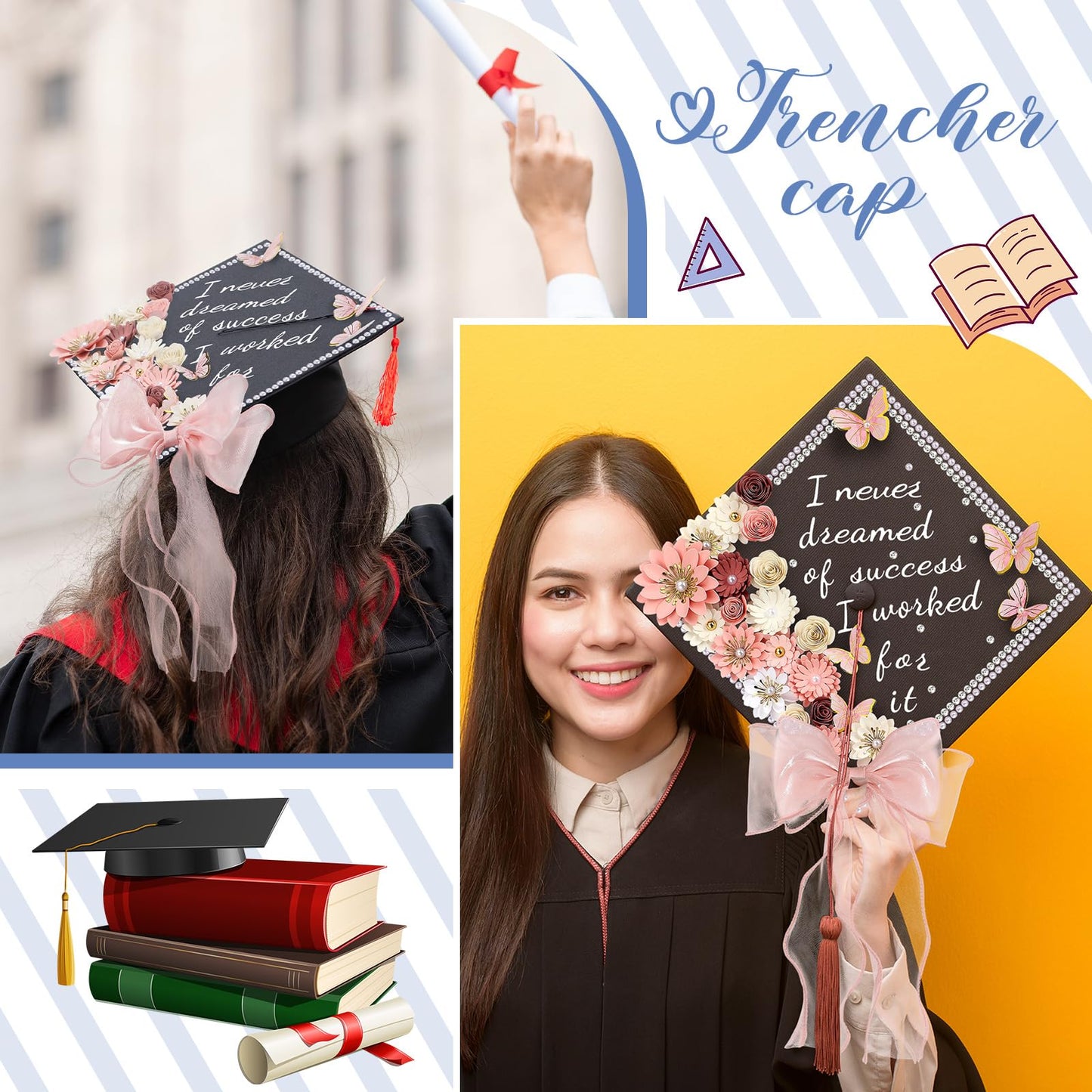 MotiMind 46 Pcs DIY Graduation Cap Decorations Kit Included Paper Flowers, 3D Butterfly Stickers, Rhinestone, Letter, Pearl Stickers, Mesh Ribbon Bow for DIY Grad Cap Decor(Pink)