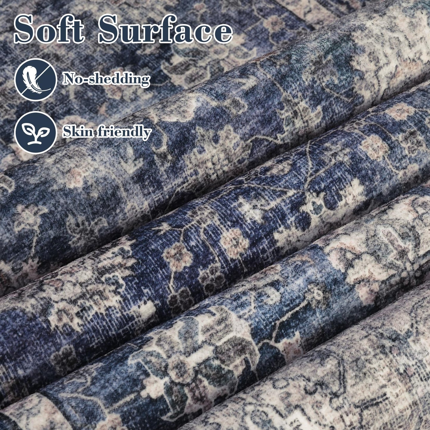 GarveeHome Washable Area Rugs 5x7 Vintage Printed Accent with Non-Slip Backing, Stain-Resistant Oriental Throw Rugs, Farmhouse Low Pile Rugs for Bedroom, Living Room, Blue