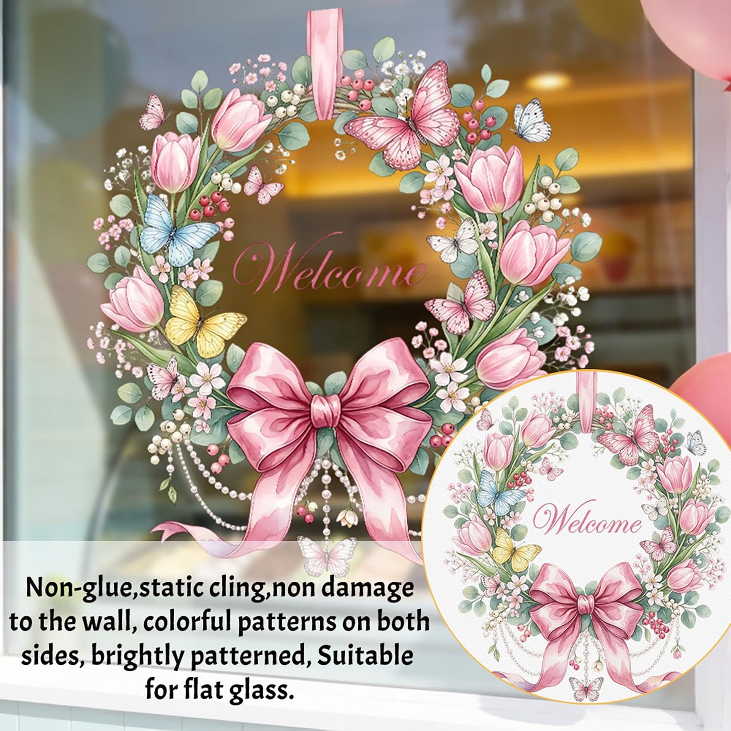 Summer Bow Welcome Window Clings Pink Tulip Flower Window Stickers with Butterfly Daisy Design Static Window Decals Easy to Clean Spring Glass Decals for Home Spring Theme Party Decor 1 Pcs