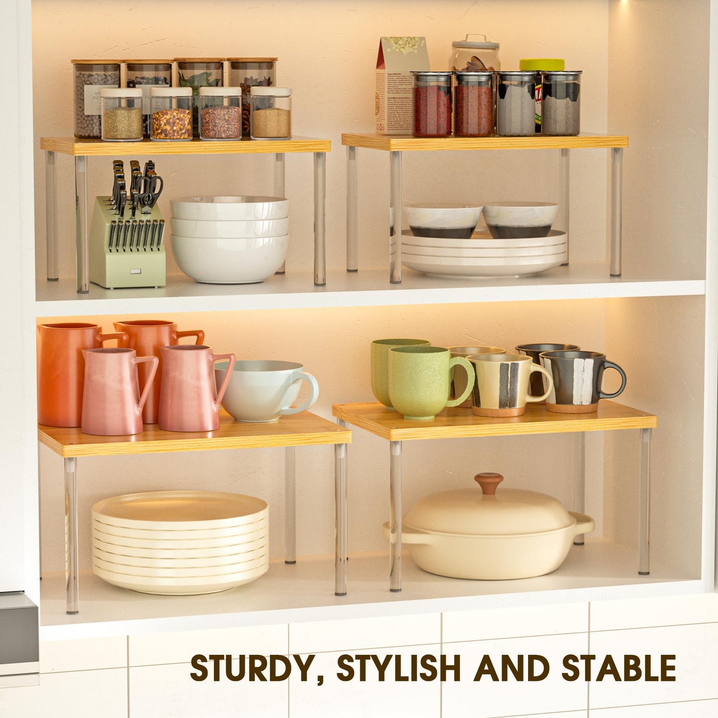 Jolitac Cabinet Organizer Shelf - Set of 2 Clear Acrylic Spice Rack, Stackable Pantry Storage Shelves for Kitchen Counter, Bathroom, Desk - Multi-Purpose Bamboo Space Saving Shelves, Easy Assembly