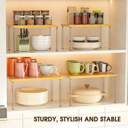 Jolitac Cabinet Organizer Shelf - Set of 2 Clear Acrylic Spice Rack, Stackable Pantry Storage Shelves for Kitchen Counter, Bathroom, Desk - Multi-Purpose Bamboo Space Saving Shelves, Easy Assembly