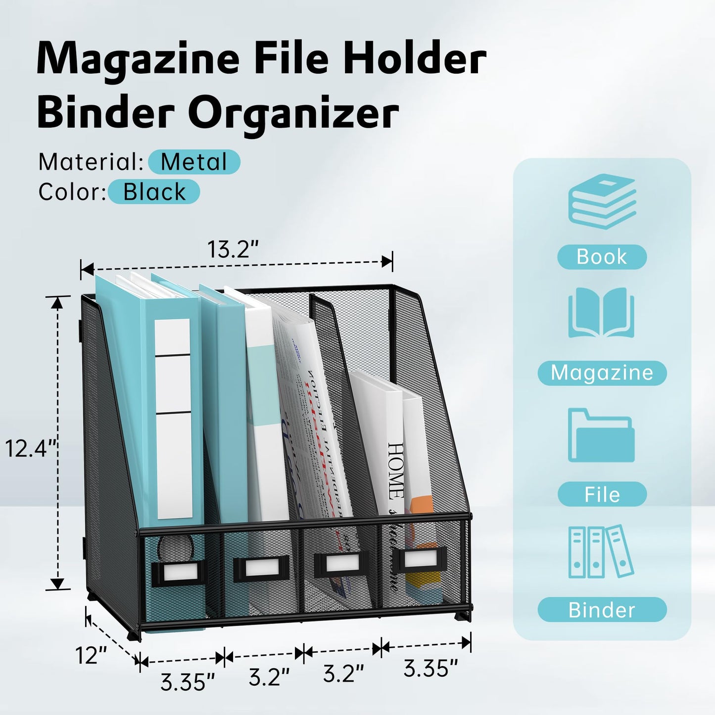 SUPEASY Magazine File Holder, Binder Holder Metal Desk Organizer with 4 Rack Compartments, File Organizer for Office Home School, Black