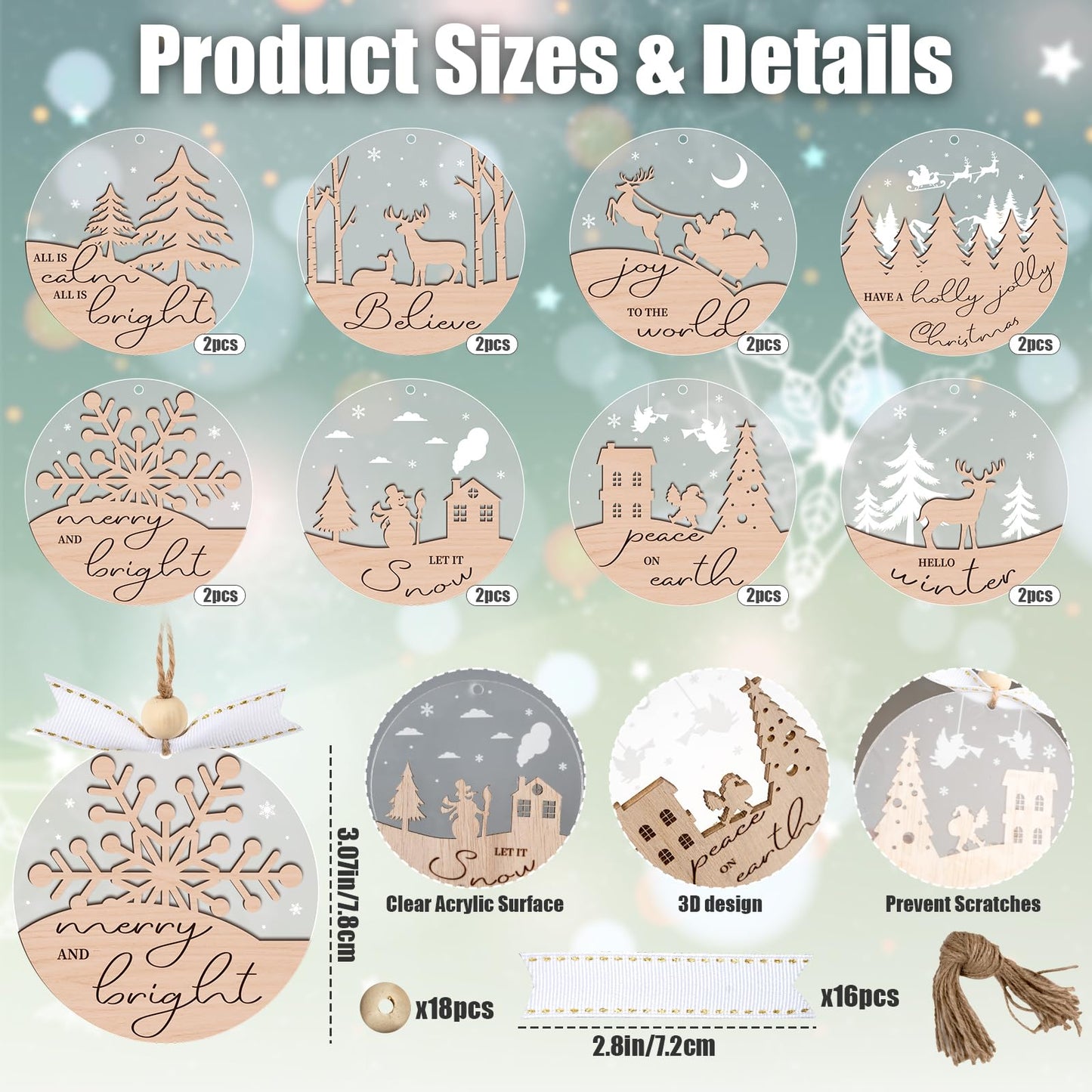 GuassLee 16pcs Winter Christmas Hanging Ornaments for Tree - 3D Wooden Acrylic Christmas Cutouts Reindeer Snowman Snowflake Ornaments for Xmas Tree Gifts Winter Party Supplies