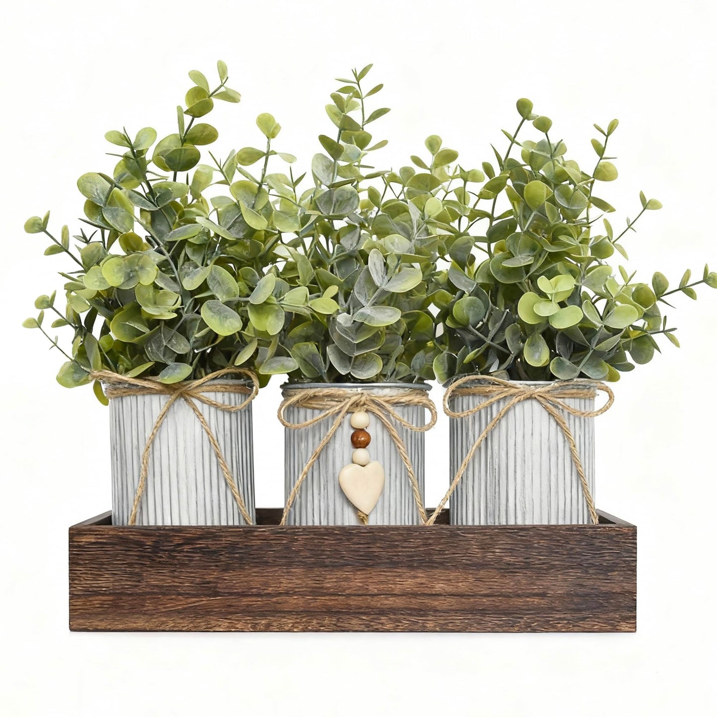 HEMYLU Artificial Flower Decorative Centerpiece, Frosty Green Eucalyptus Table Arrangement with 3 Rustic Metal Pots and Wood Tray for Farmhouse Home Décor