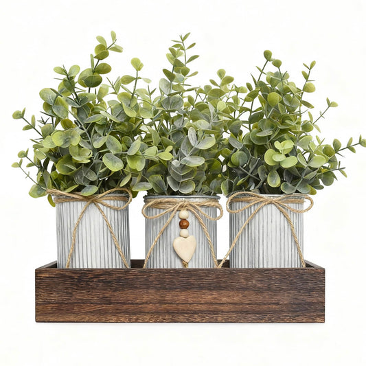 HEMYLU Artificial Flower Decorative Centerpiece, Frosty Green Eucalyptus Table Arrangement with 3 Rustic Metal Pots and Wood Tray for Farmhouse Home Décor