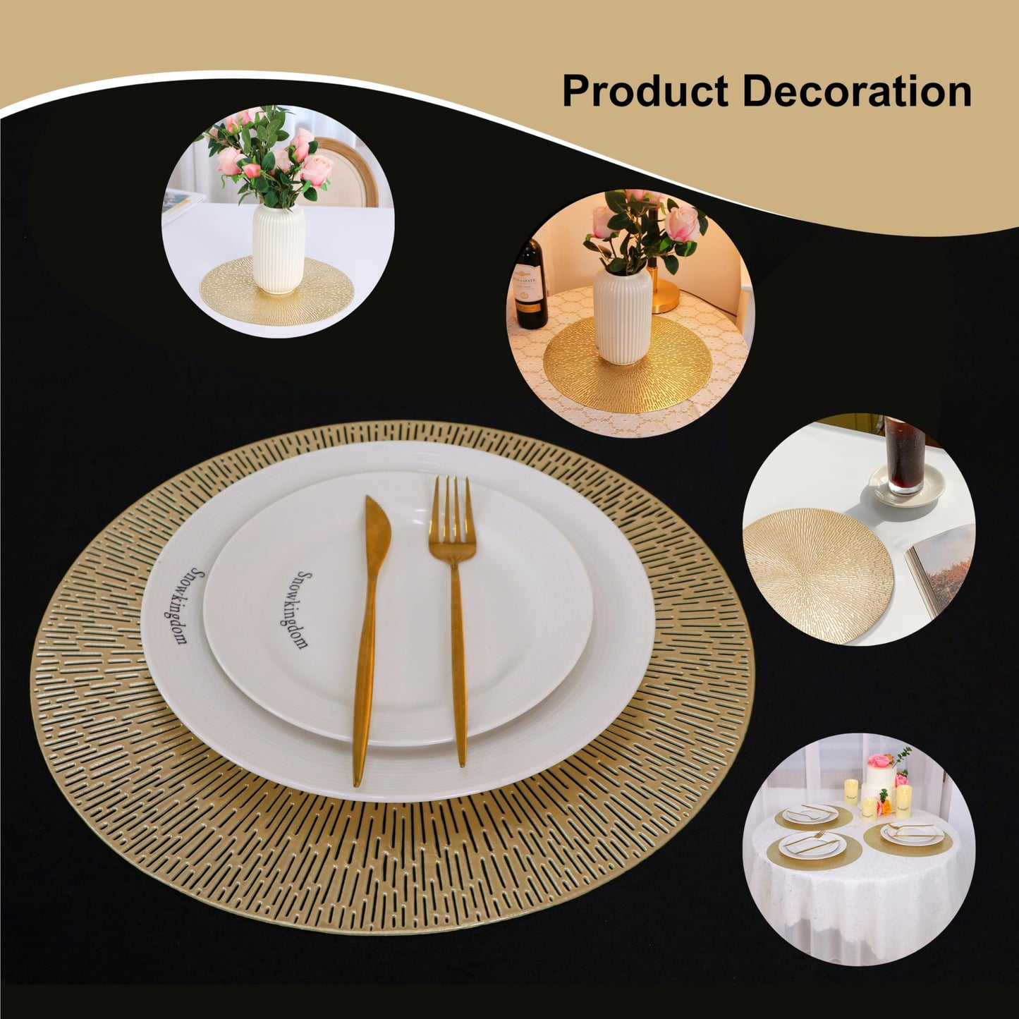 Round Placemats Gold Metallic Set of 6 Vinyl Hollow Placemats 15 Inch, Washable Easy Clean Wipeable Non Slip Stain Heat Resistant Dining Table Place Mats for Wedding Party Decoration by Snowkingdom