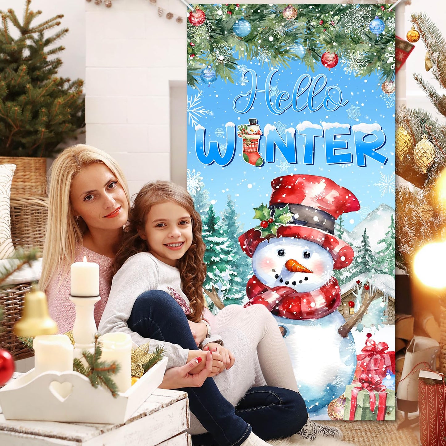 Avezano Snowman Door Cover Hello Winter Banner Snowflake Winter Wonderland Door Decorations Christmas Holiday Party Decorations Indoor Outdoor
