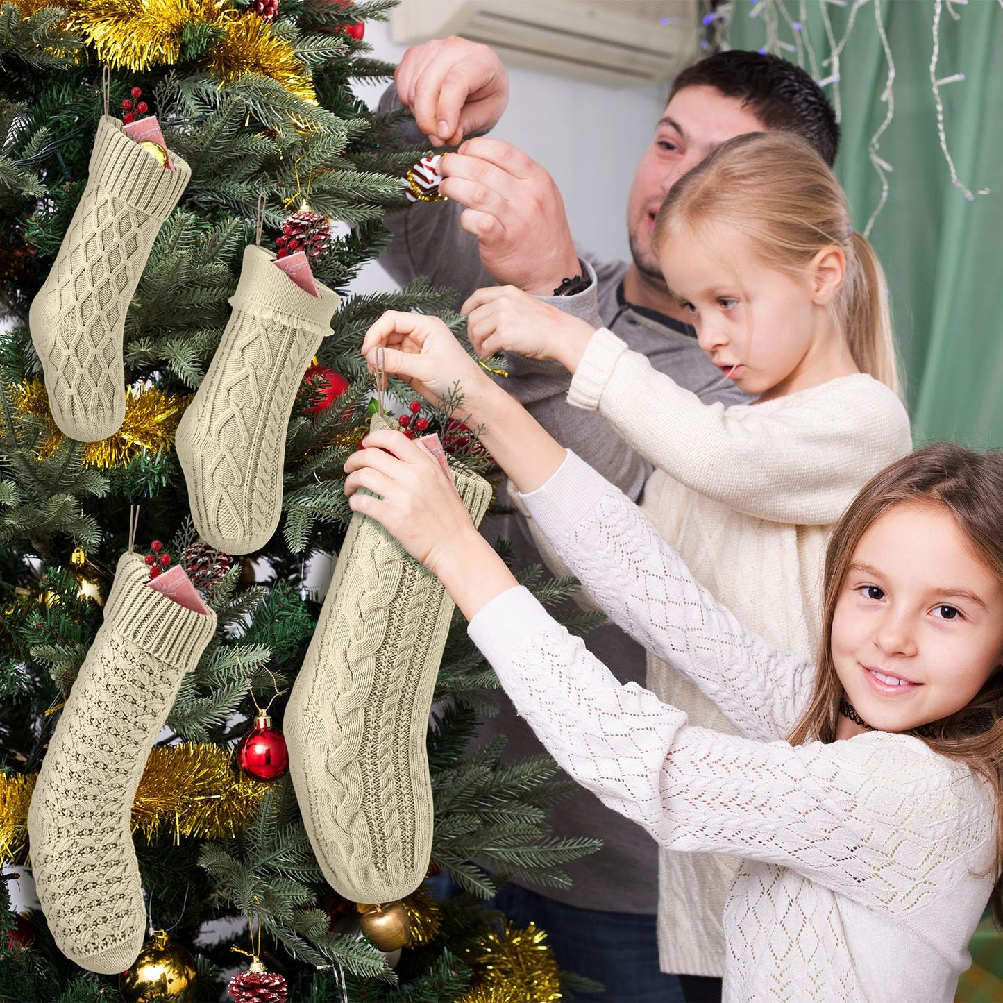 Chicingyou 6 Pcs Christmas Stockings 18" 14'' Cable Knit Neutral Stockings Rustic Farmhouse Fireplace Christmas Ornaments Handmade Boho Knit Socks for Mantel Tree Wall Holiday Decor(Cream)