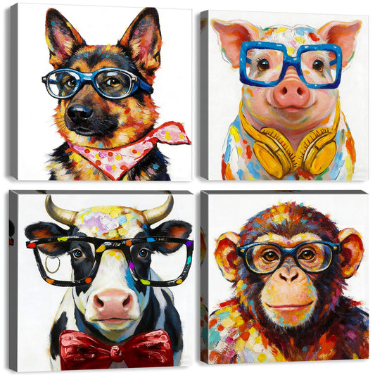 Colorful Cartoon Animal Wall Art Funny Cute Pig Dog Cow Chimpanzees Wearing Glasses Pictures Wall Decor for Kids Bedroom Abstract Wildlife Canvas Print Artwork Toddler Nursery Home Decoration 12x12 4P