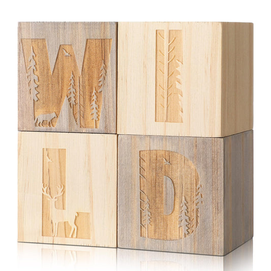 RattanView 4 Pcs 2.4 Inch Woodland Wild Nursery Wood Decor Nursery Wood Shelf Blocks for Bedroom Playroom Gifts Wild Sign Woodland Table Blocks Decor for Boys Girls
