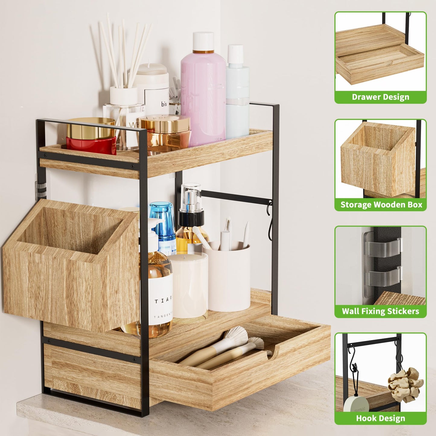 Aollewoiti 2-Tier Bathroom Counter Organizer with Drawer and Basket, Wood Countertop Organizer for Storage, Skincare Organizers for Vanity, Counter Shelf for Bathroom Organization