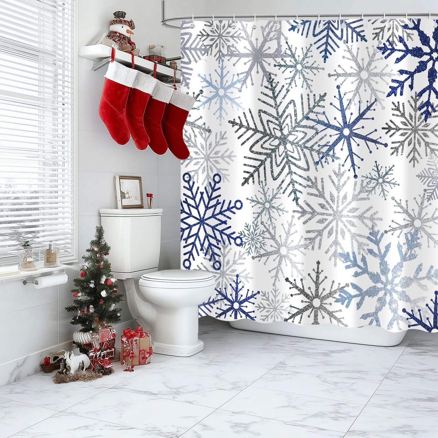 Raoycla Christmas Snowflake Shower Curtain, Blue Xmas Winter Snow Bathroom Decor, Silver Grey Snowflake Christmas Holiday Simple Shower Curtains for Bathroom 72 x 72 Inch with 12 Hooks