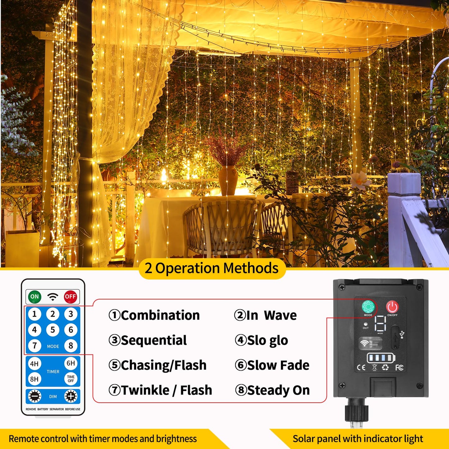 Solar Curtain Lights Outdoor Waterproof 10 * 10Ft 300LED Waterfall Light with 8 Modes Remote Rechargeable Dimmable Hanging Twinkle Fairy String Lights for Outside Christmas Gazebo Party Wedding