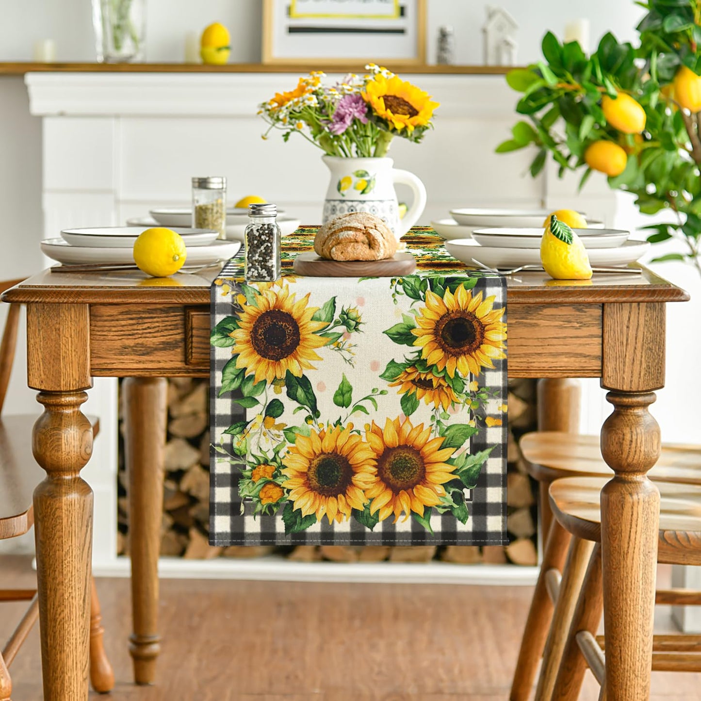 Artoid Mode Buffalo Plaid Sunflower Table Runner, Summer Fall Seasonal Kitchen Dining Table Decoration for Indoor Outdoor Home Party Decor 13 x 72 Inch