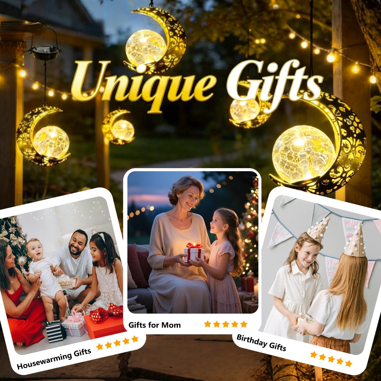 Amugmilk Hanging Solar Lights Outdoor Lanterns Garden Decorations, 2 Pack Moon Lights with Cracked Glass Globes Outside Decor for Backyard Balcony Patio Tree ,Unique Mother's Day Gifts for Women Mom