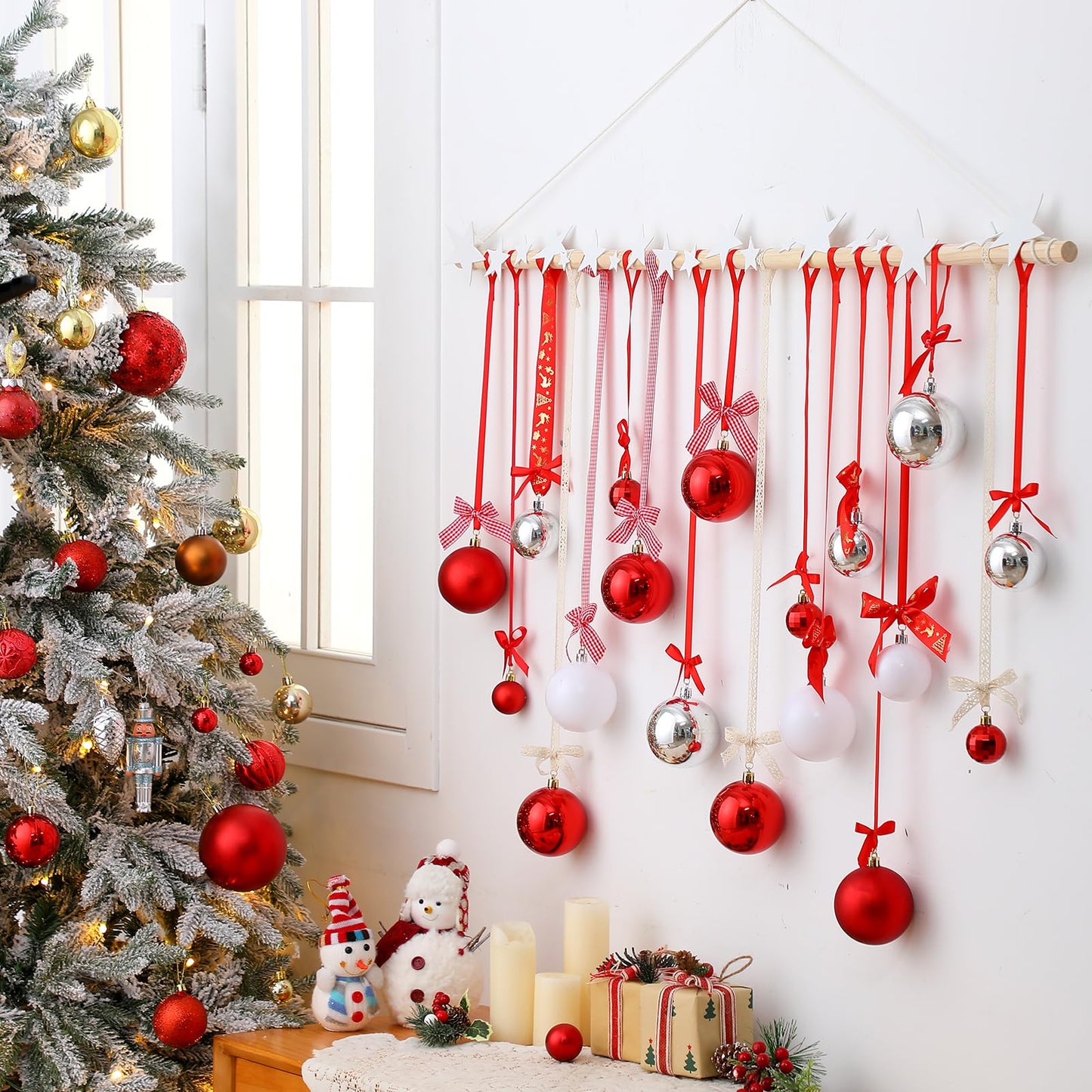 Suncalla 18 Pcs Christmas Wall Hanging Decor with Light Wooden Branch Christmas Plastic Balls Bow Xmas Wall Art for Home Ceiling Indoor Holiday Party Supplies Decor