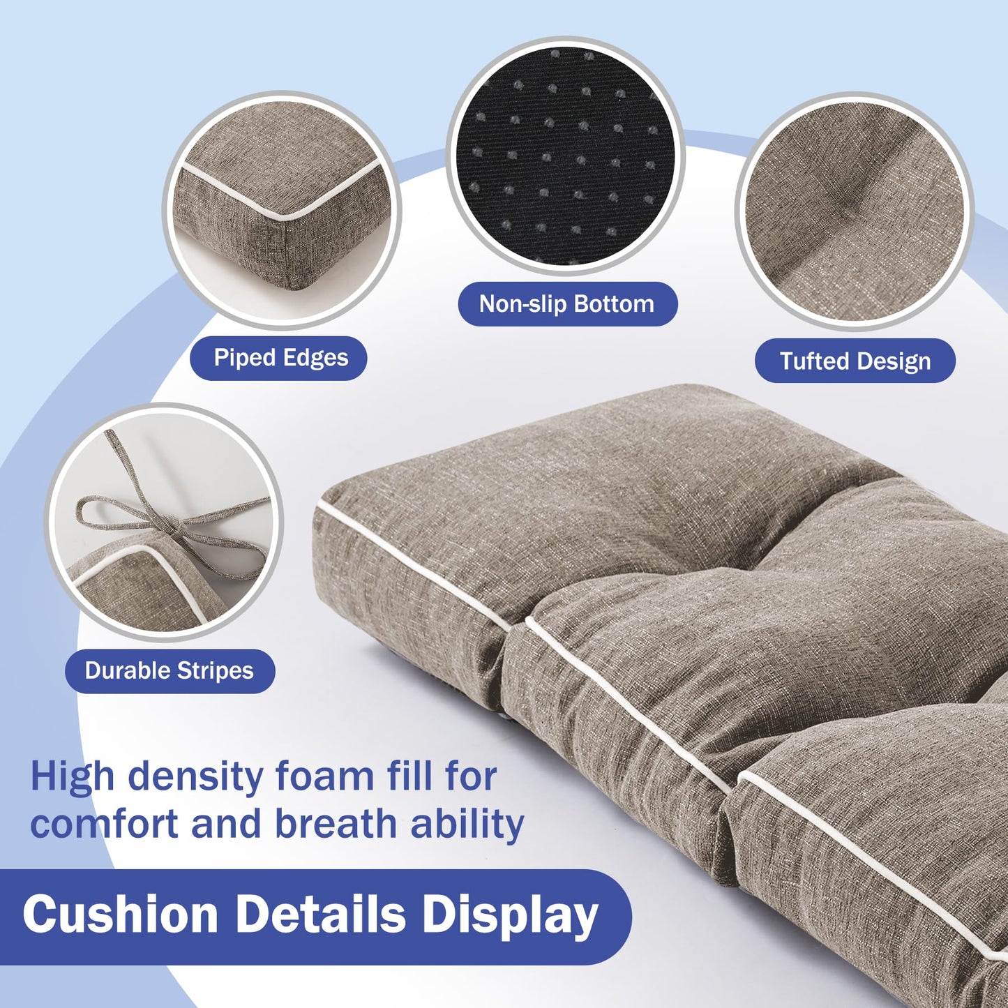 IPYNBAP Bench Cushion, 42 x 16 Inch Patio Furniture Cushions with Durable Ties, Soft Memory Foam Bench Cushions for Indoor/Outdoor Furniture with Non-Slip Bottom, Kitchen&Dining, Khaki