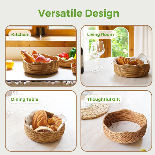 Bread Basket for Serving, Rattan Basket Bowl for Kitchen Counter, Natural Rattan Tray Wicker Baskets for Organizing, Decorative Bowl Bread Basket for Kitchen Counter Wicker Decor L ﻿
