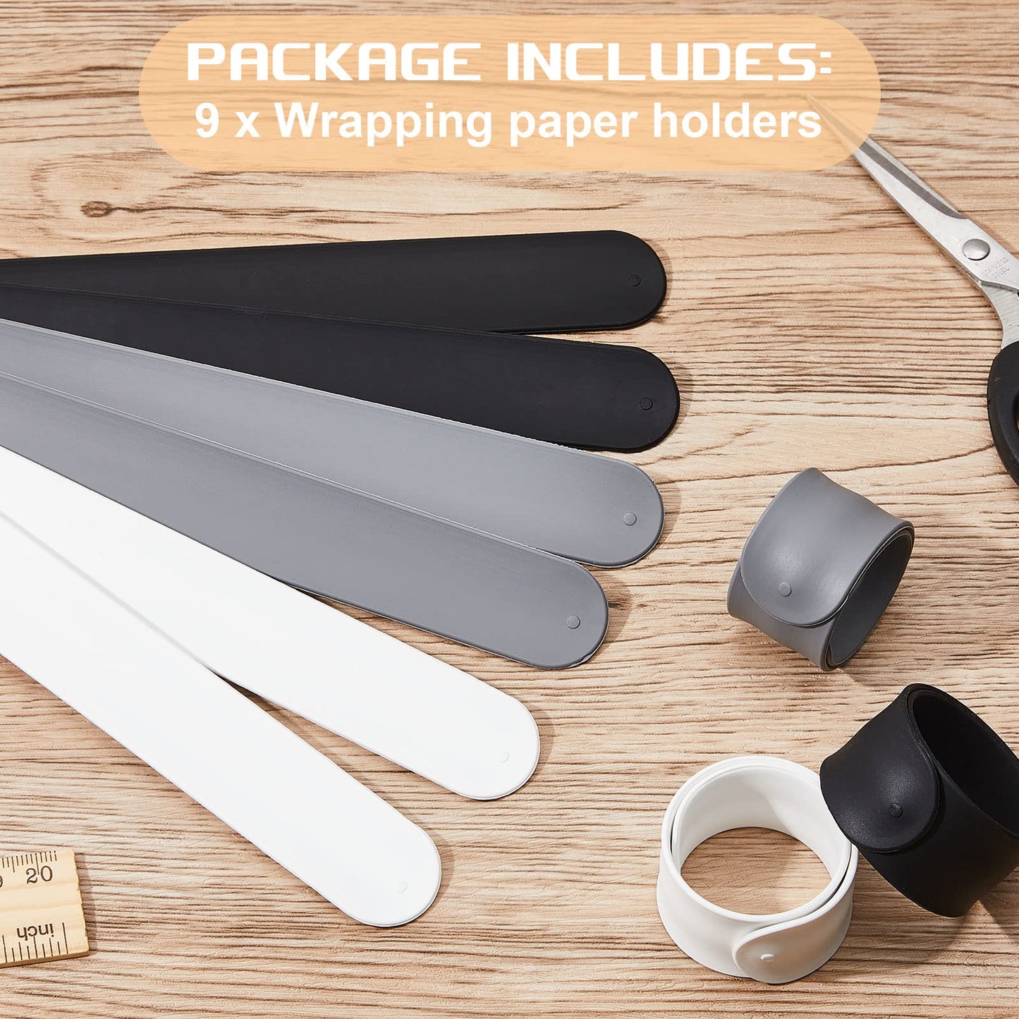 Cunhill 9 Pieces Wrapping Paper Holder Clips, Silicone Covered Metal Slap Bands Stabilizer, Paper Roll Clamps for Valentine's Day Gift Wrapping, Poster & Home Storage Organization, White Black Grey