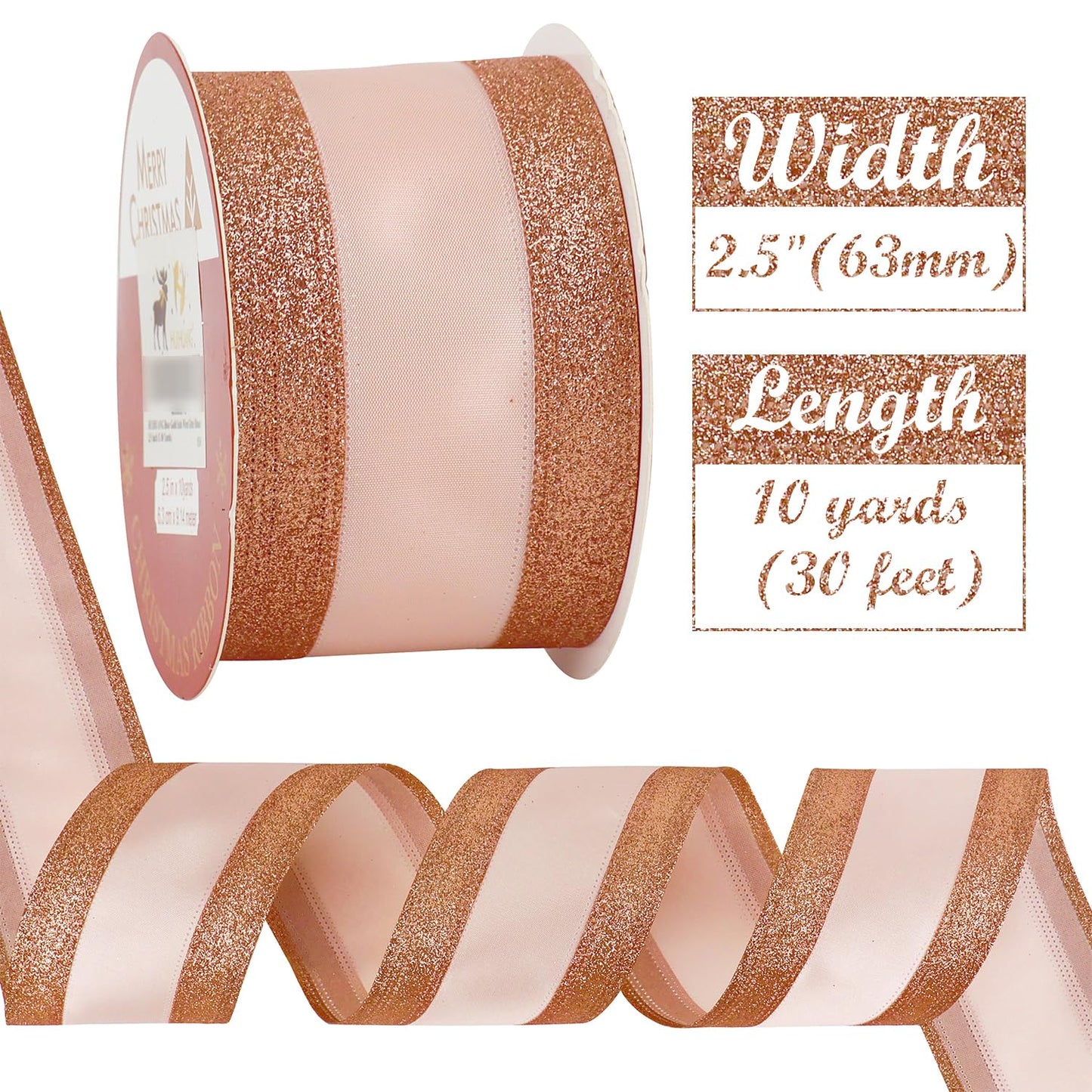 HUIHUANG Rose Gold Christmas Ribbon Wired Satin Ribbon with Glitter Stripe Edges 2.5 inch for Christmas Trees, Bows Making, Wreaths, Gift Wrapping Garland, Home Decor, Crafts -10 Yards