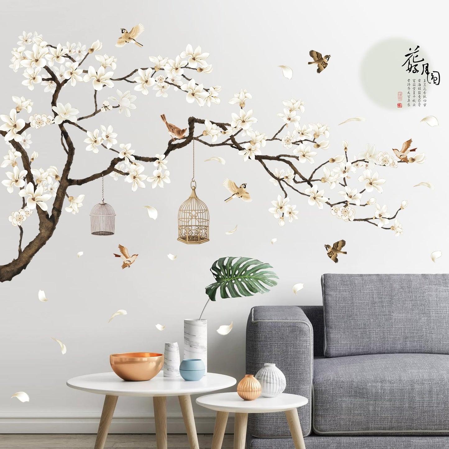 Chinese Style White Flowers Black Tree and Flying Birds Wall Stickers Removable DIY Wall Art Decor Decals Murals for Kids Nursery Offices Home Walls Bedroom Study Room Wall Decaoration, 50inchx74inch