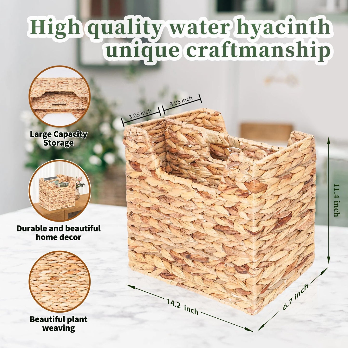 Magazines Holder - Wicker Magazine Rack, Handwoven Magazine Holders for Bathroom, Magazine Organizer for Books, Newspaper, Water Hyacinth Magazine Basket, 14.2 x 11.4 x 6.7 inch