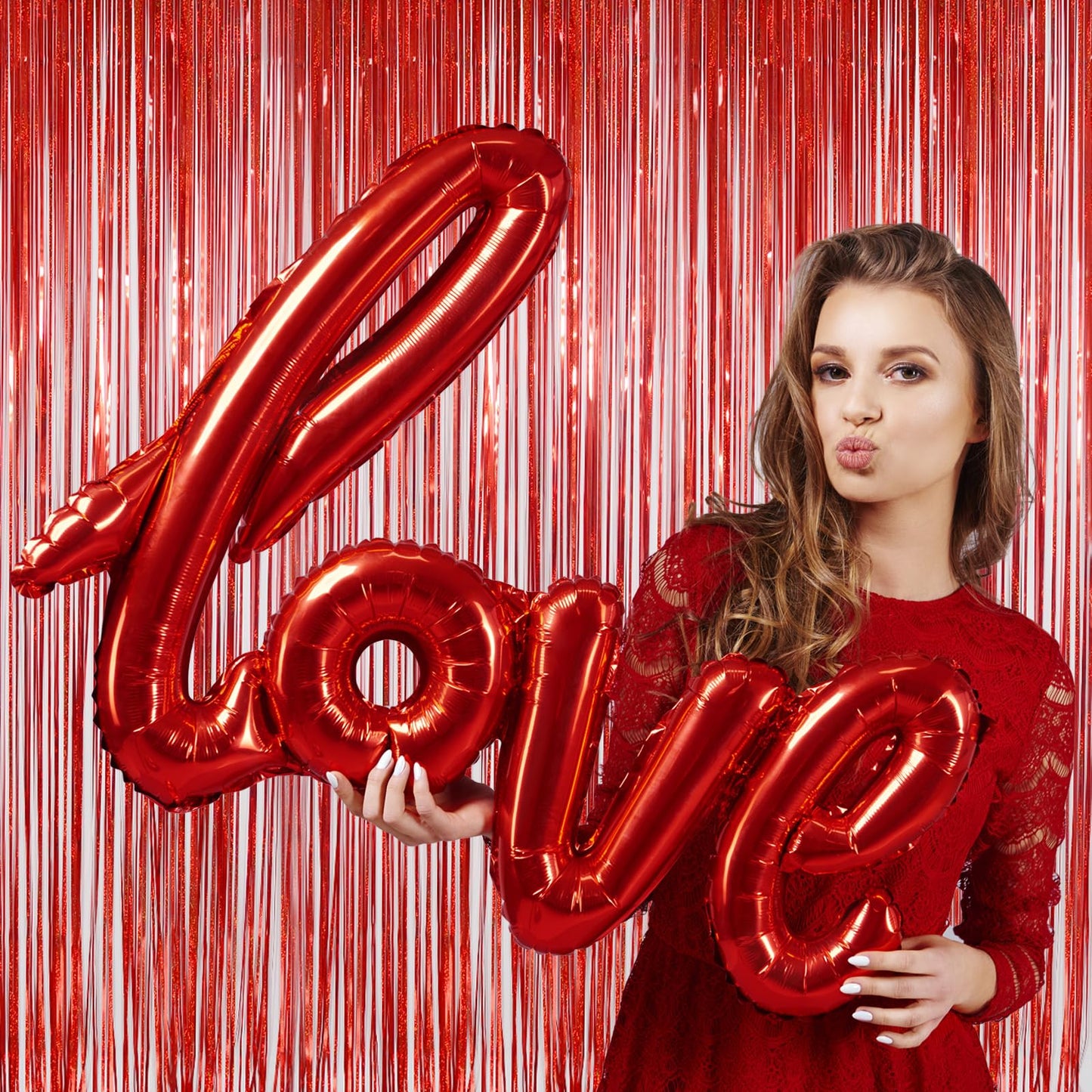 Red Tinsel Curtain Backdrop for Party Decorations - Sparkle Foil Tinsel Fringe Curtains Photo Backdrop Booth (3.2ft x 8ft, 2 Packs)