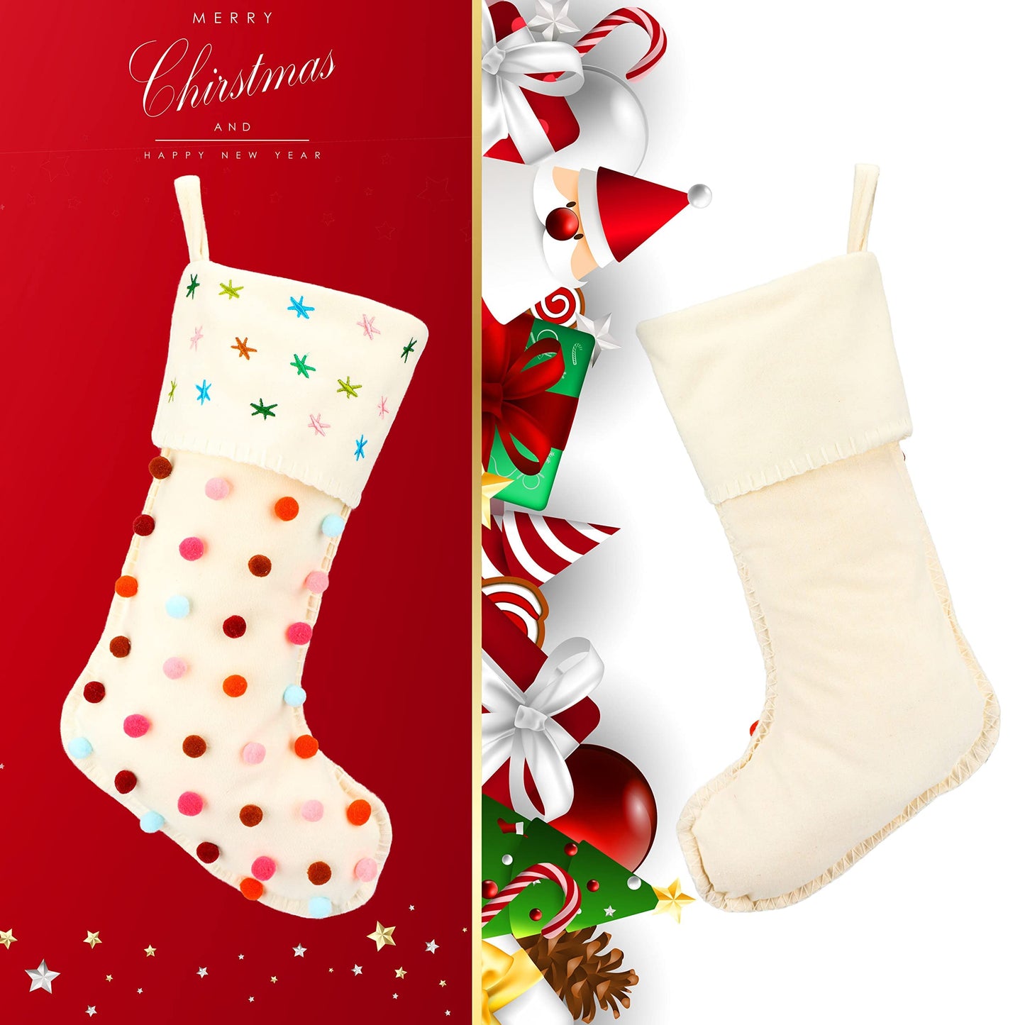 Hopearl Pom Pom Christmas Stocking Kit Boho Style Socks Ultra Soft Holder Ornament Luxury Gifts Bags for Family Xmas Tree Party Supplies, Cream, 18''