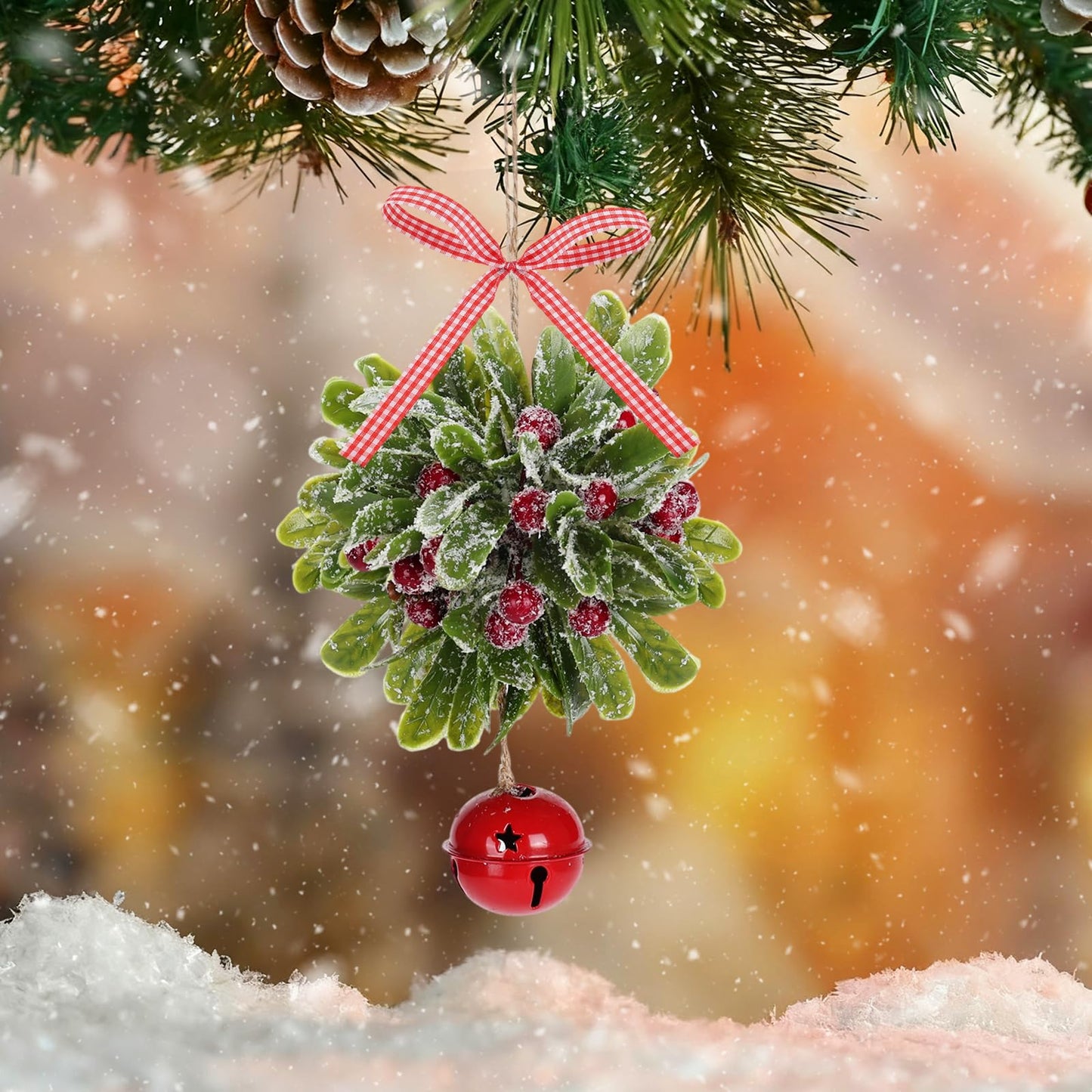 Forwe Mistletoe Christmas Decor Artificial Mistletoe Kissing Ball Ornament with Bell Bow Berries Hanging Christmas Decorations for Doorway Arch Light Fixture Xmas Tree (Red)