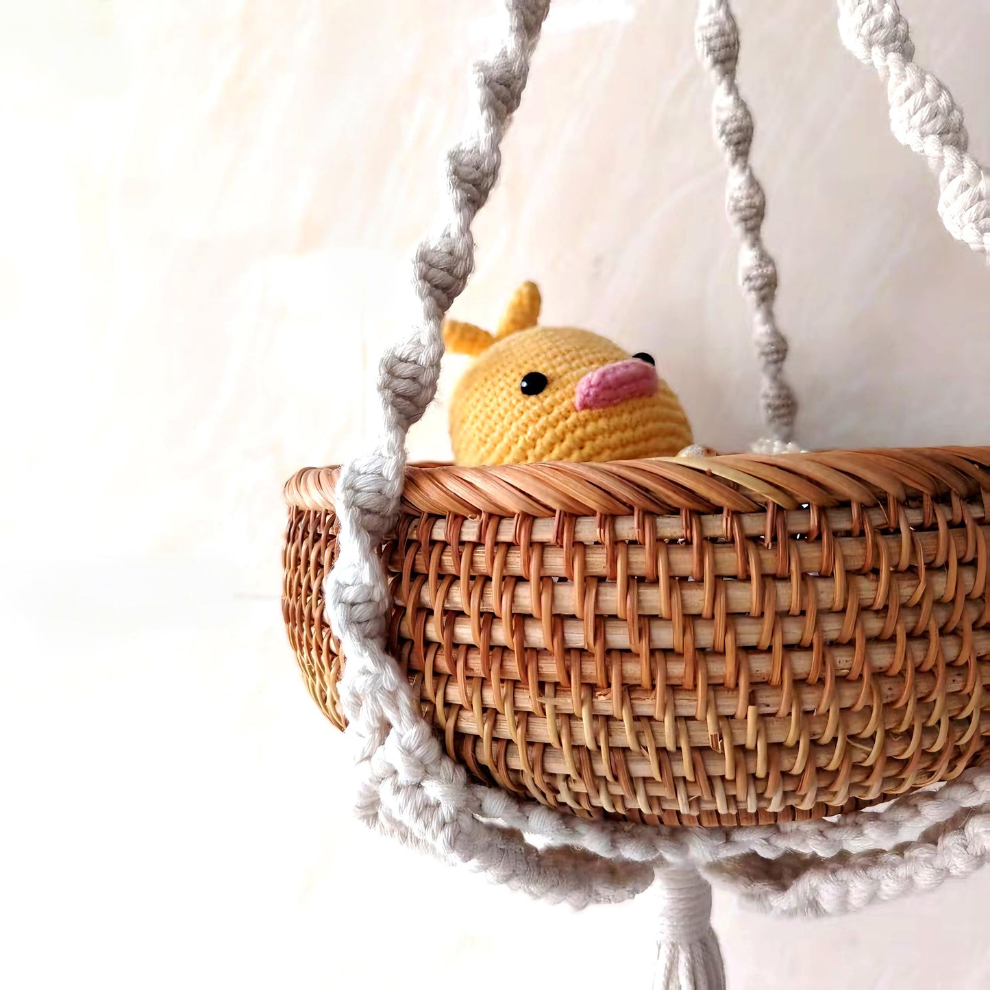 chicapica 8.7" Woven Macrame Plant Hanger & Hanging Rattan Basket - Boho Decorative Wall Basket for Indoor Plants & Dried Flowers - Handmade Wicker Storage for Farmhouse Home Decor, Living Room