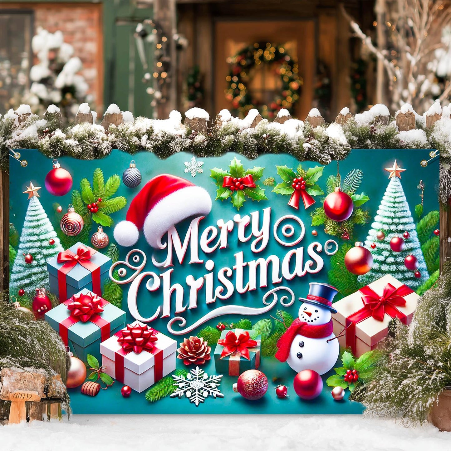 BlissYard Christmas Banner Merry Christmas Snowman Gift Tree Backdrop Green Red White Holiday Wall Decoration Party Photo Prop Indoor Outdoor Scene for Home Office 71 X 43 Inches