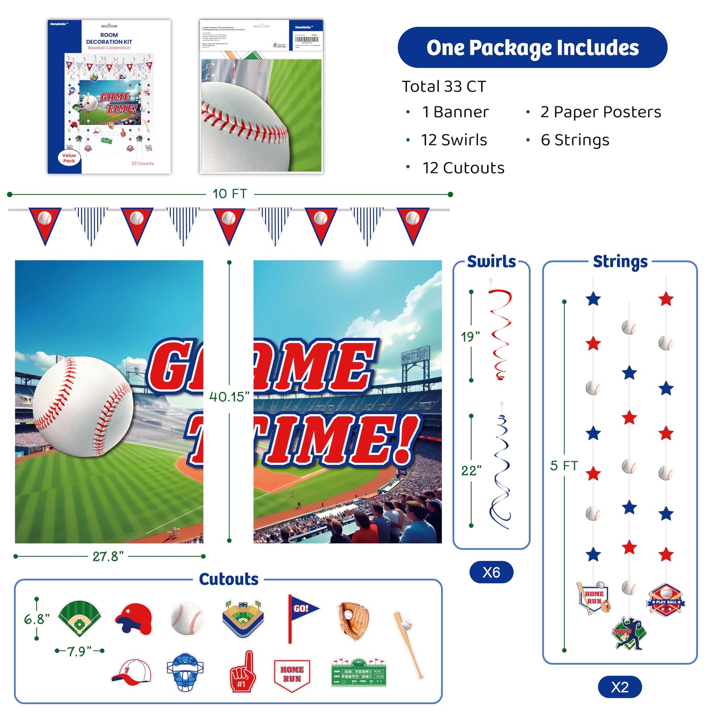 HonuGoGo Baseball Party Decorations, 33PCS Set with Game Time Backdrop, Paper Banners, Hanging Swirls and Cutouts, Red Blue White Baseball Themed Decor for Sport Events and Birthday Celebrations