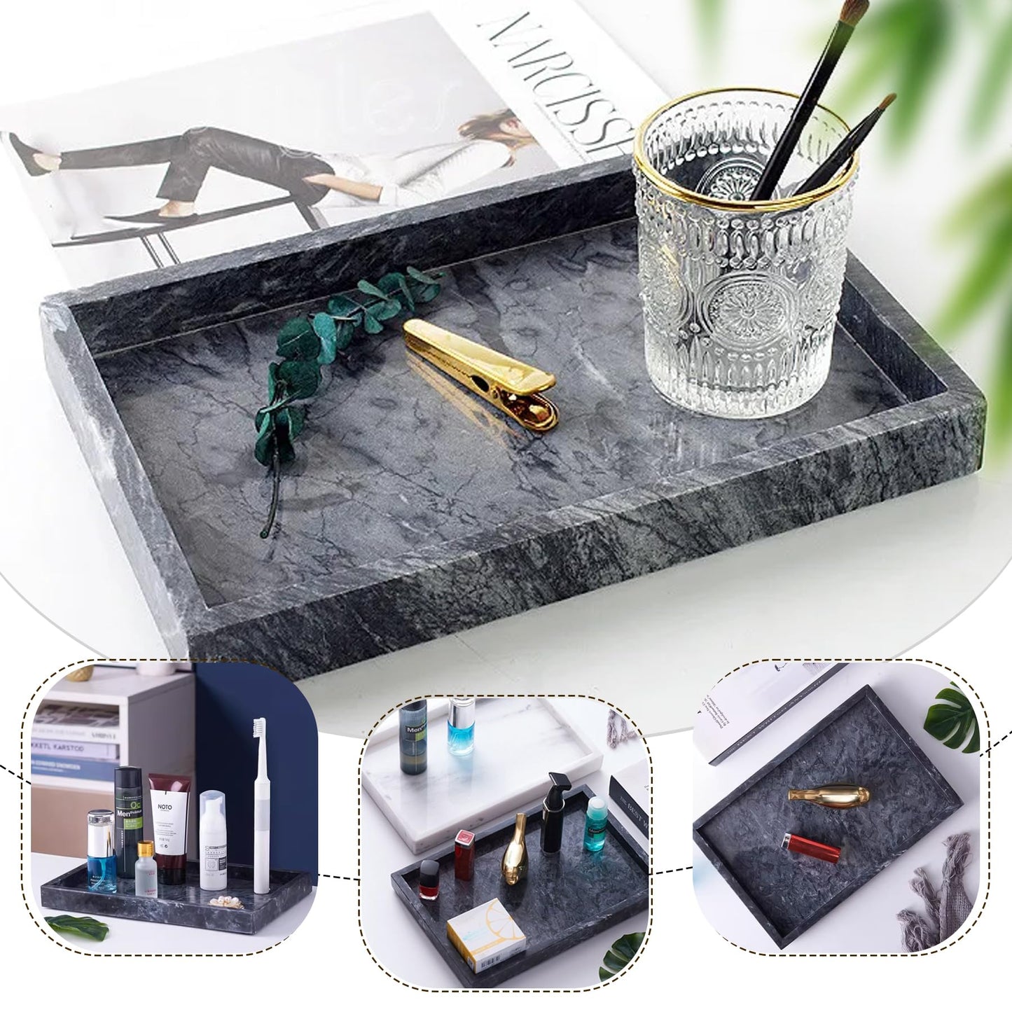 Natural Marble Tray, Stone Tray for Bedroom/Bathroom/Kitchen/Vanity Countertop, Jewelry Tray for Rings Earrings Necklace Bracelet Watch, Room Decor Aesthetic