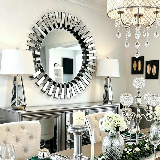 Chende Round Mirrors for Wall Decor, 32'' Large Living Room Mirror with Beveled Edge Glass Frame, Modern Decorative Mirror for Entryway, Dining Room, Bathroom