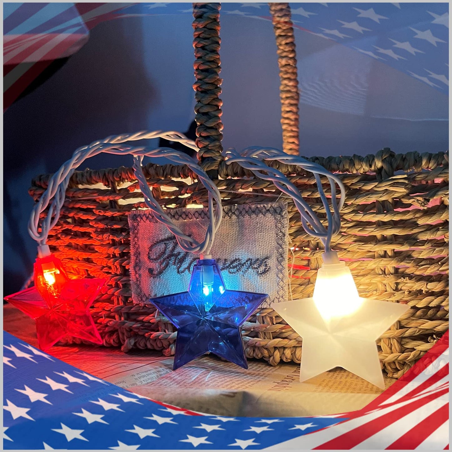 LED Red White Blue Star String Lights Plug in, 8.5Ft 4th of July Decorations Lights with 10 LED Star Light, Hanging Patriotic Outdoor Lights for Independence Day Window Home Patio Party Garden Decor