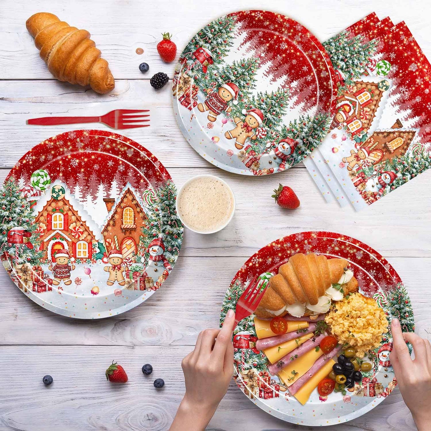 Joliaco 96 Pcs Red Gingerbread House Tableware Set Christmas Candy House Gingerbread Man Disposable Paper Plates and Napkins Xmas Candyland Party Supplies for 24 Guests