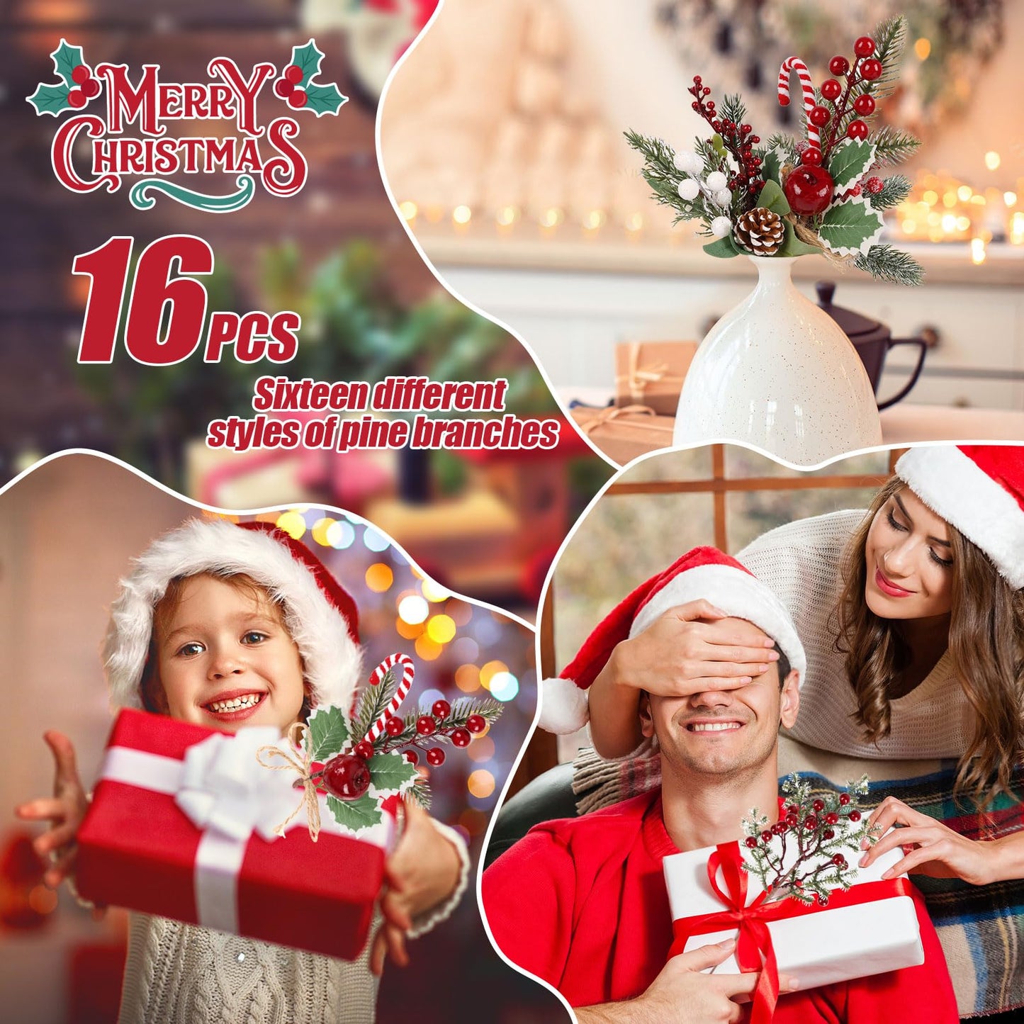 LOAVER 16 Pack Artificial Christmas Red Berry Picks Assorted Faux Pine Branches Spray with Pinecones Holly Stems for Xmas Tree Floral Arrangement Winter Wreath Gift Wrapping Decor