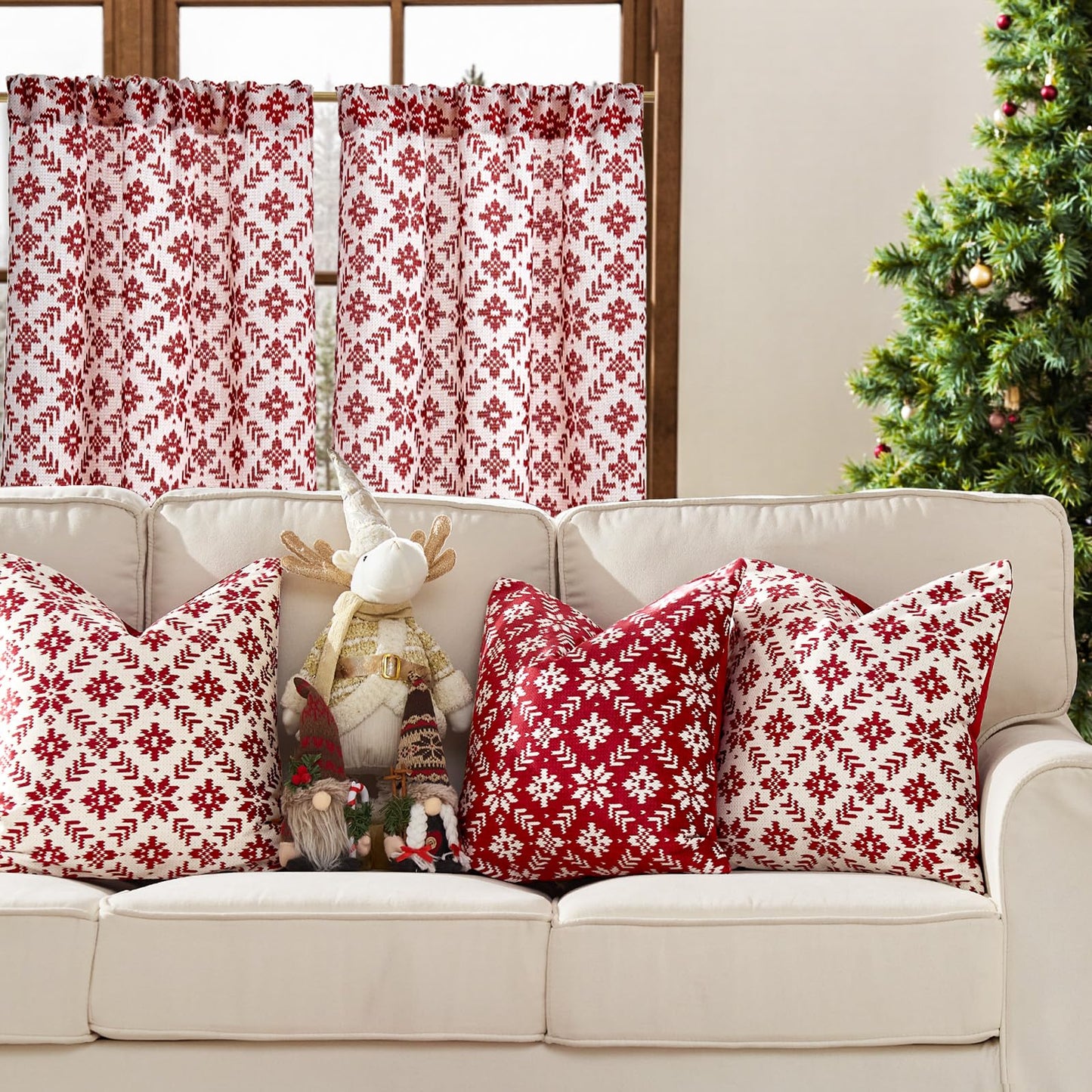 jinchan Snowflake Plaid Christmas Curtains 36 Inch Length Cafe Curtain Red Faux Canvas Textured Knit-Look Tier Curtains Holiday Christmas Decorations for Living Room Small Windows Rod Pocket 2 Panels