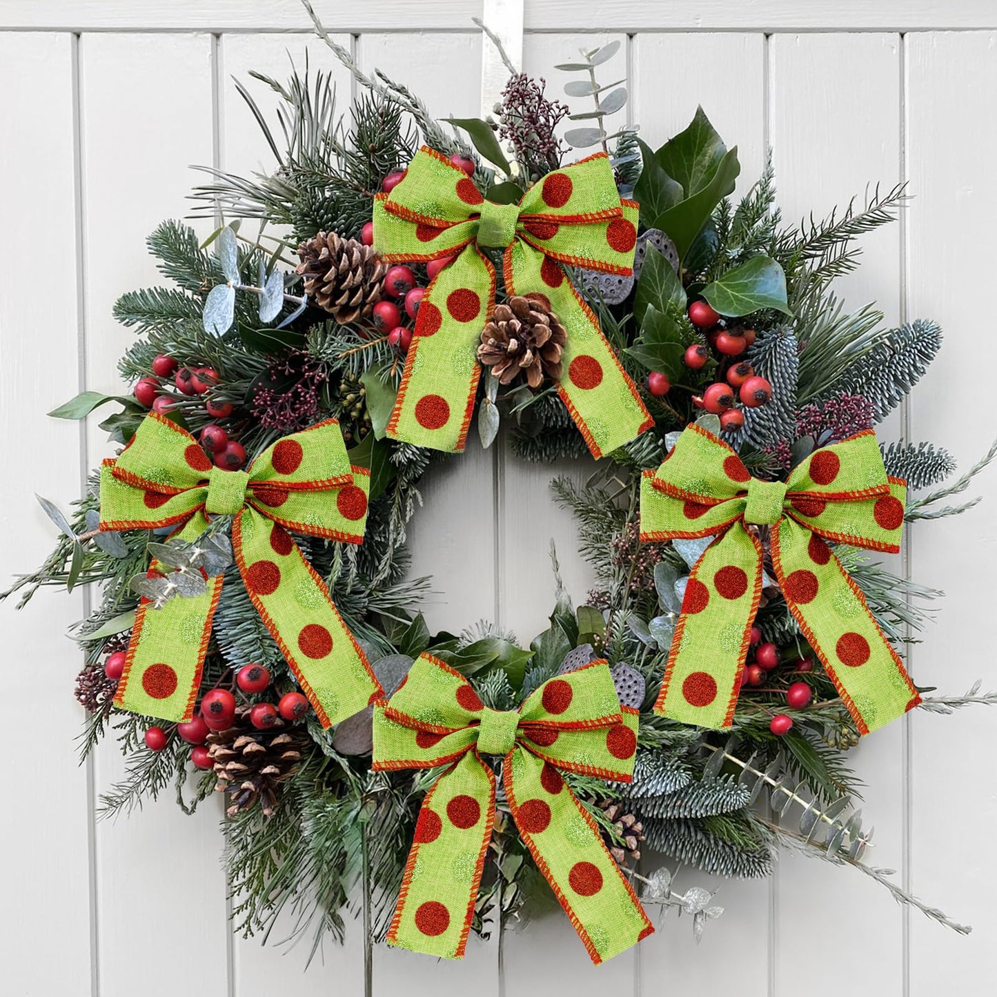 Christmas Wired Ribbon 22 Yards 1.5 Inch Christmas Red Green Dots Ribbon 2 Rolls Glitter Polka Dots Burlap Ribbon for Christmas Decoration, DIY Crafts (Green)